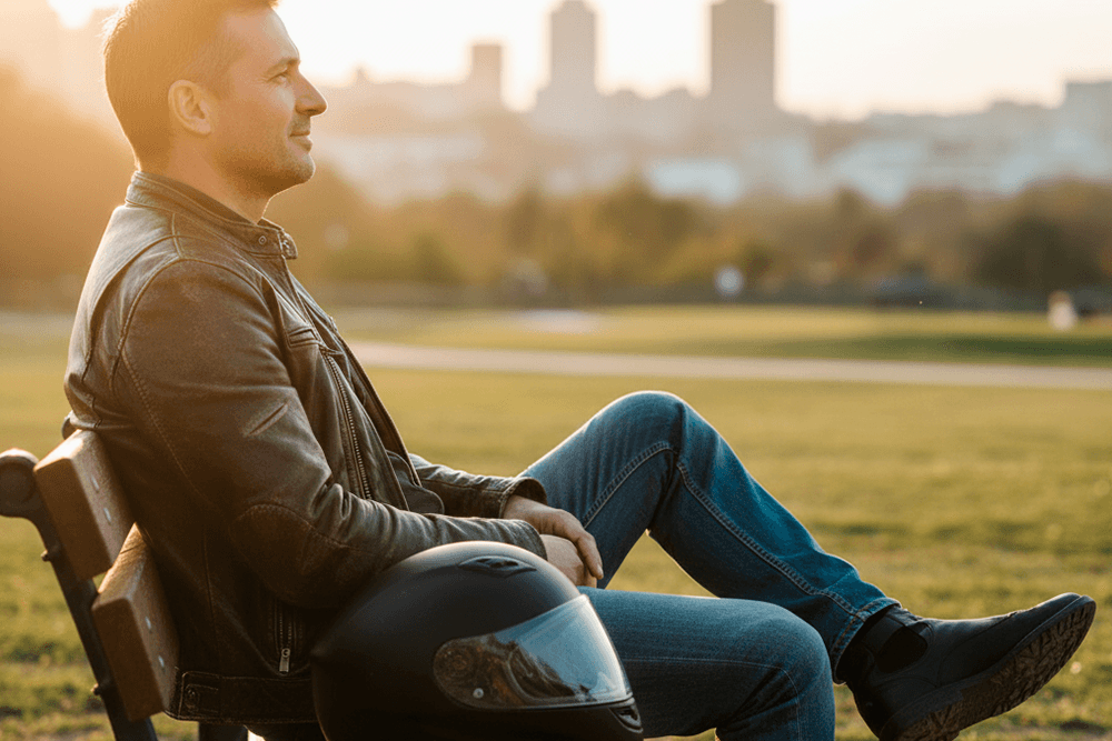 Motorcycle Accident Injuries: Common Types and How to Recover Compensation in Kansas City 2 A man, a motorcycle accident survivor, sits contemplatively on a park bench at sunset, with a helmet beside him, symbolizing hope and recovery after injury in Kansas City